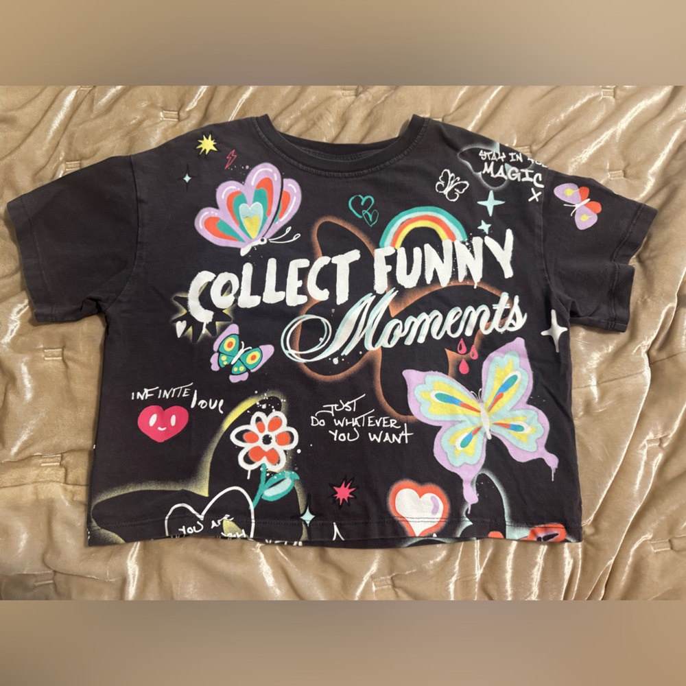 Zara Black Tee with Colorful Butterfly and Heart Graphics